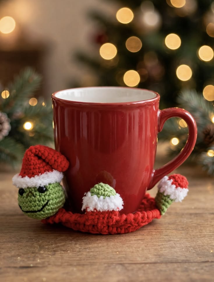 A crocheted turtle mug cozy in festive colors, featuring a turtle with a Santa hat supporting a red mug on a wooden table.