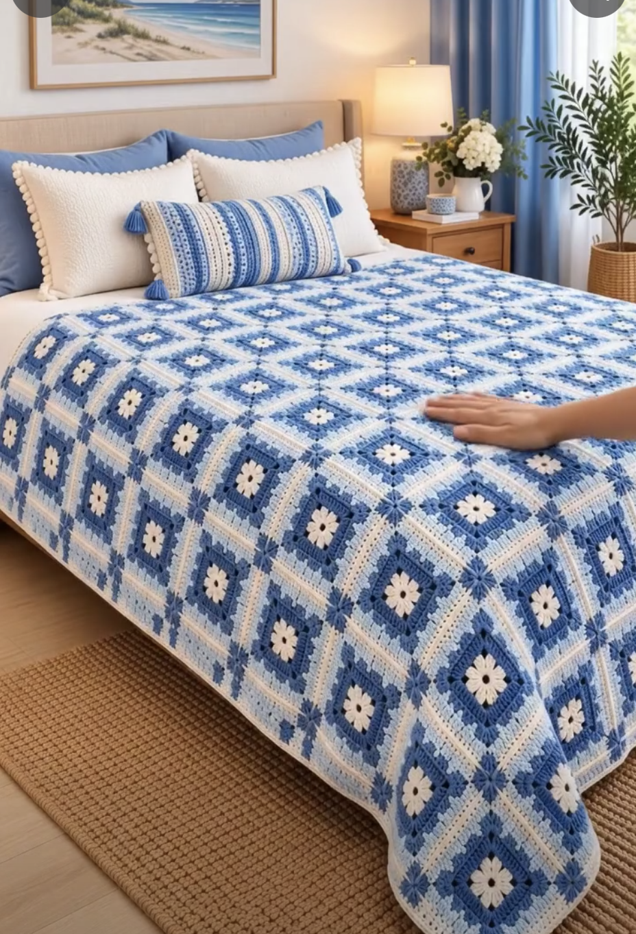 Crocheted blue and white bedspread with flower motif granny squares on a neatly made bed in a bright room.
