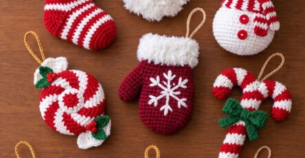 A set of handmade crochet Christmas ornaments including Santa, stockings, a mitten, a candy, snowman, boot, bauble, candy cane, and a star.
