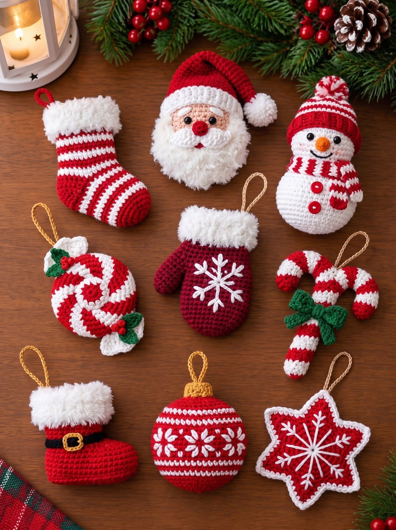 A set of handmade crochet Christmas ornaments including Santa, stockings, a mitten, a candy, snowman, boot, bauble, candy cane, and a star.