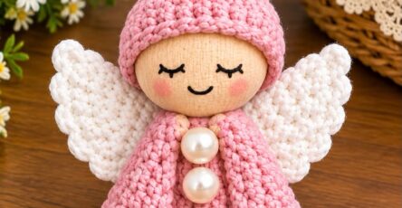 Handmade crochet angel ornament with a pink dress, white wings, soft face, and pearly buttons, designed as a tabletop or hanging decoration.