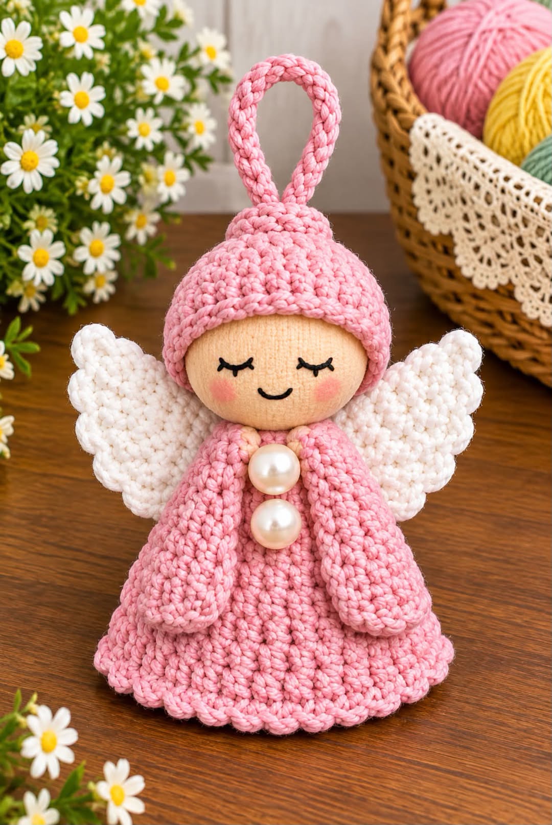 Handmade crochet angel ornament with a pink dress, white wings, soft face, and pearly buttons, designed as a tabletop or hanging decoration.