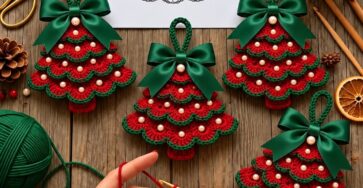 Handmade crochet Christmas tree ornaments with scalloped red and green layers, white beads, and green bows, surrounded by yarn, hooks, and festive decorations.