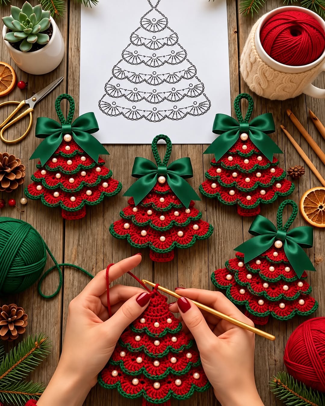Handmade crochet Christmas tree ornaments with scalloped red and green layers, white beads, and green bows, surrounded by yarn, hooks, and festive decorations.