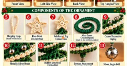 Spiral crochet Christmas tree ornament with star, beads, and jingle bell, shown from several angles and with labeled components.