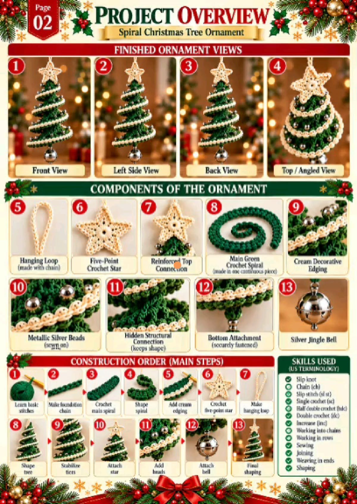 Spiral crochet Christmas tree ornament with star, beads, and jingle bell, shown from several angles and with labeled components.