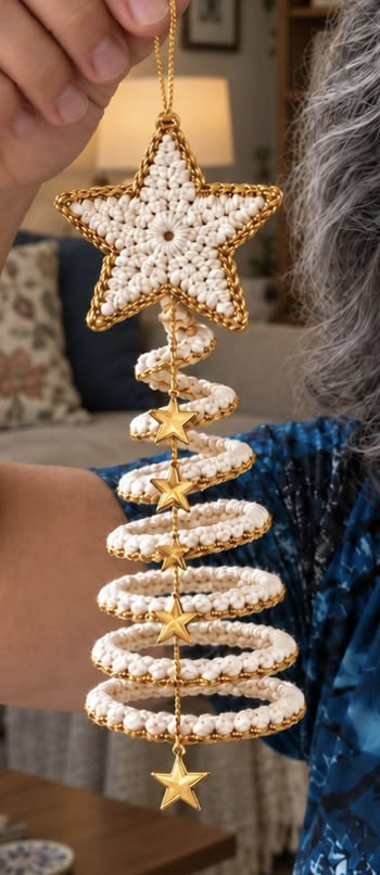 A hand-crocheted spiral Christmas tree ornament with a central gold string, golden star charms, and a crocheted star topper, featuring white textured stitches bordered in gold.