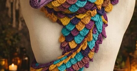 A colorful crochet scarf designed to look like a dragon, wrapped around a mannequin with detailed dragon head and scales in purple, turquoise, gold, and brown.