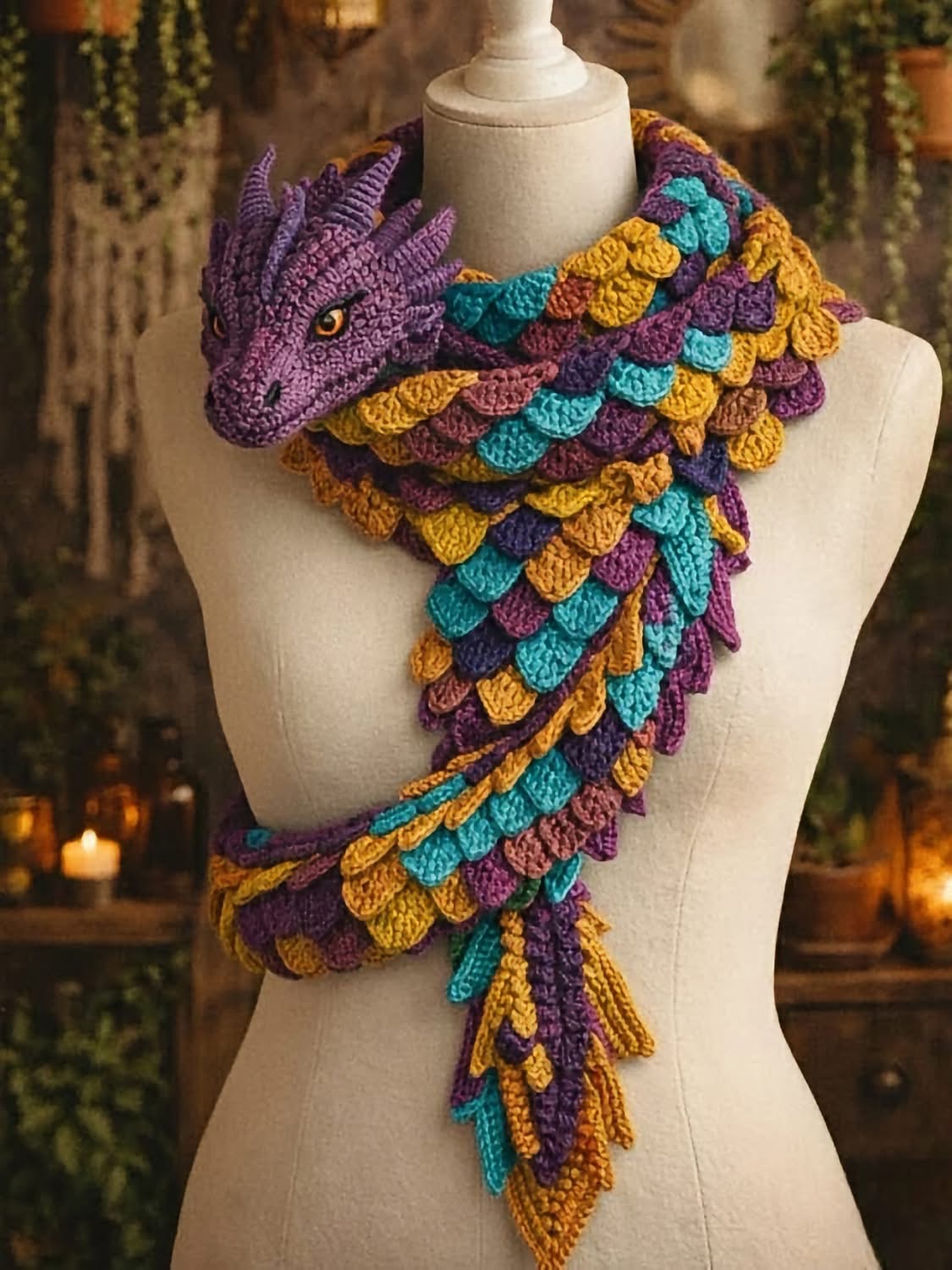 A colorful crochet scarf designed to look like a dragon, wrapped around a mannequin with detailed dragon head and scales in purple, turquoise, gold, and brown.