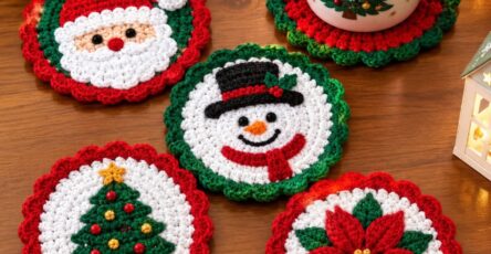 A set of crocheted Christmas coasters featuring Santa, a snowman, a Christmas tree, and a poinsettia, displayed on a wooden table.