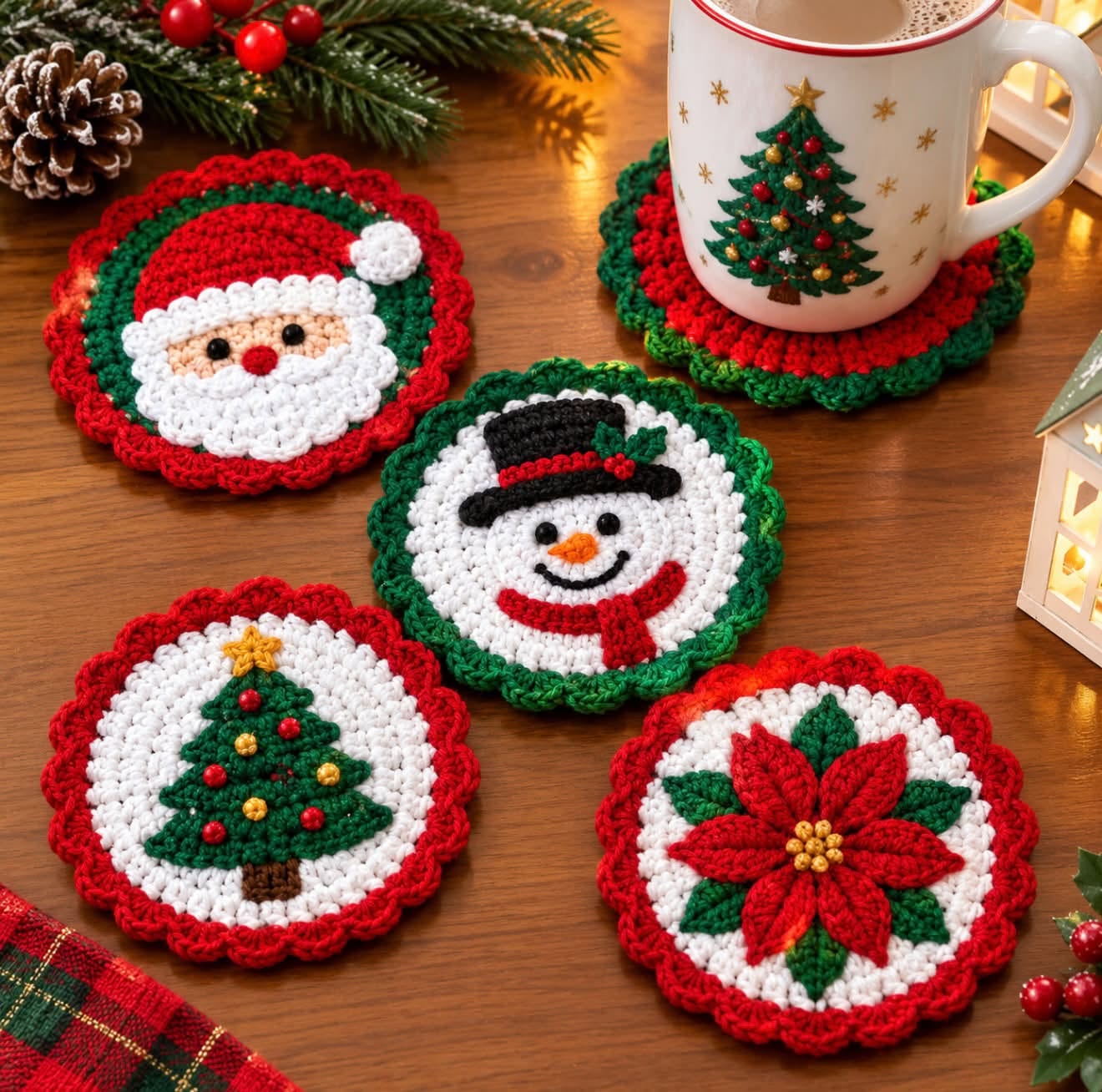 A set of crocheted Christmas coasters featuring Santa, a snowman, a Christmas tree, and a poinsettia, displayed on a wooden table.