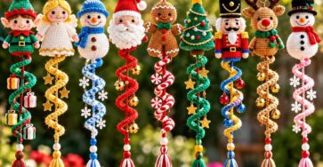 Colorful crocheted Christmas spiral dangler ornaments featuring amigurumi characters and swirled streamers with tassels.