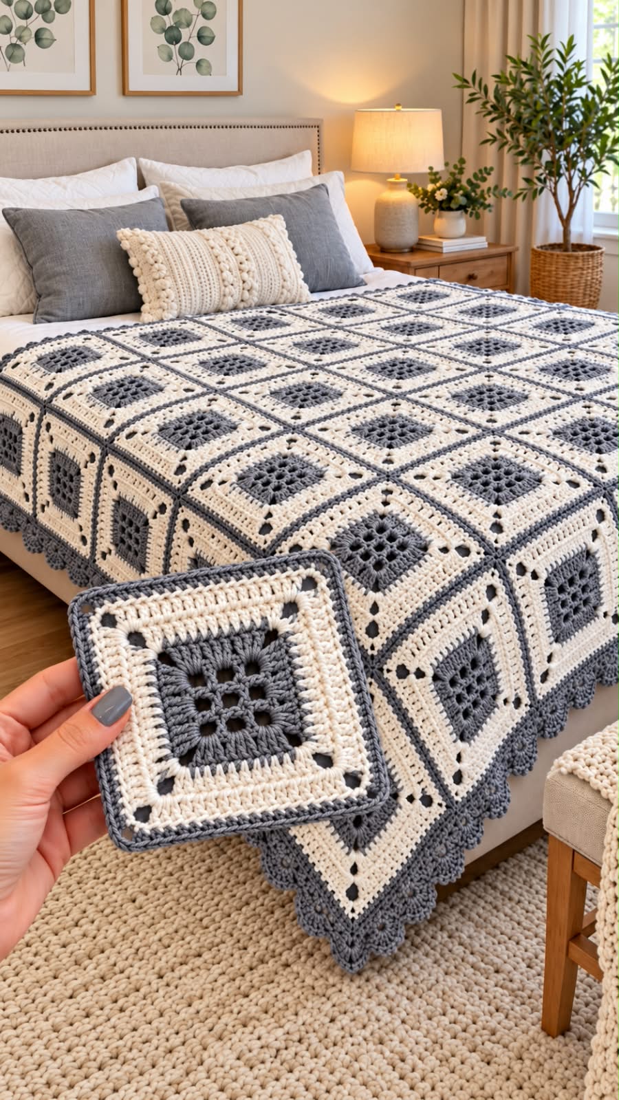 A bed covered with a handmade crochet blanket made from gray and cream granny squares, and a hand holding one finished square in the foreground.