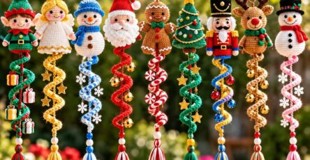 Colorful crocheted Christmas spiral dangler ornaments featuring amigurumi characters and swirled streamers with tassels.