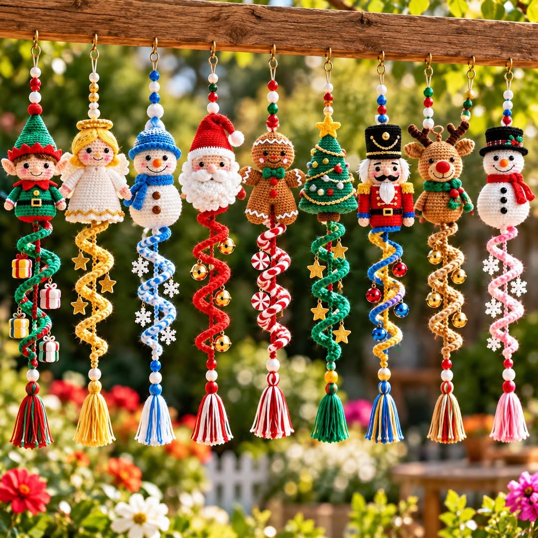Colorful crocheted Christmas spiral dangler ornaments featuring amigurumi characters and swirled streamers with tassels.