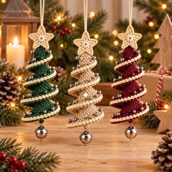Three spiral crochet Christmas tree ornaments in green, beige, and red with beaded garlands, star tops, and bells hanging at the bottom.