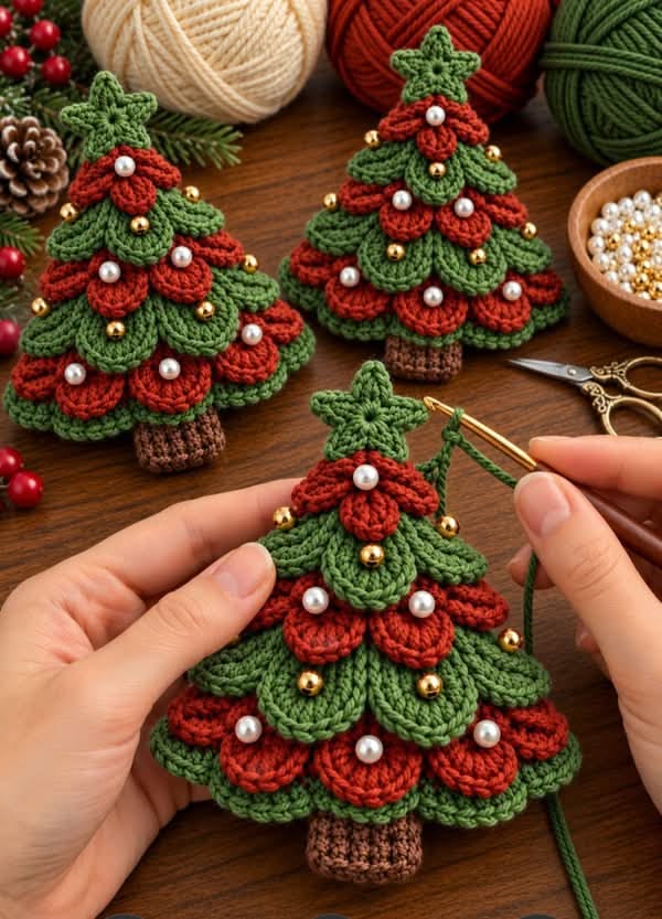 Handmade crochet Christmas tree ornaments with layered scalloped branches, decorative beads, yarn balls, and crochet tools on a wooden table.
