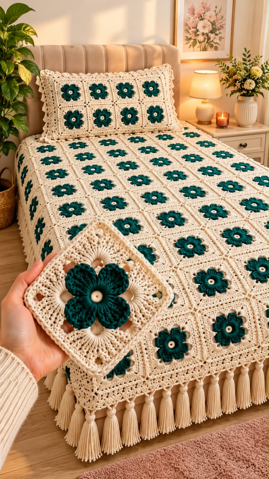 A crochet bedspread and pillow cover made from cream and teal floral granny squares, joined together and finished with tassels.