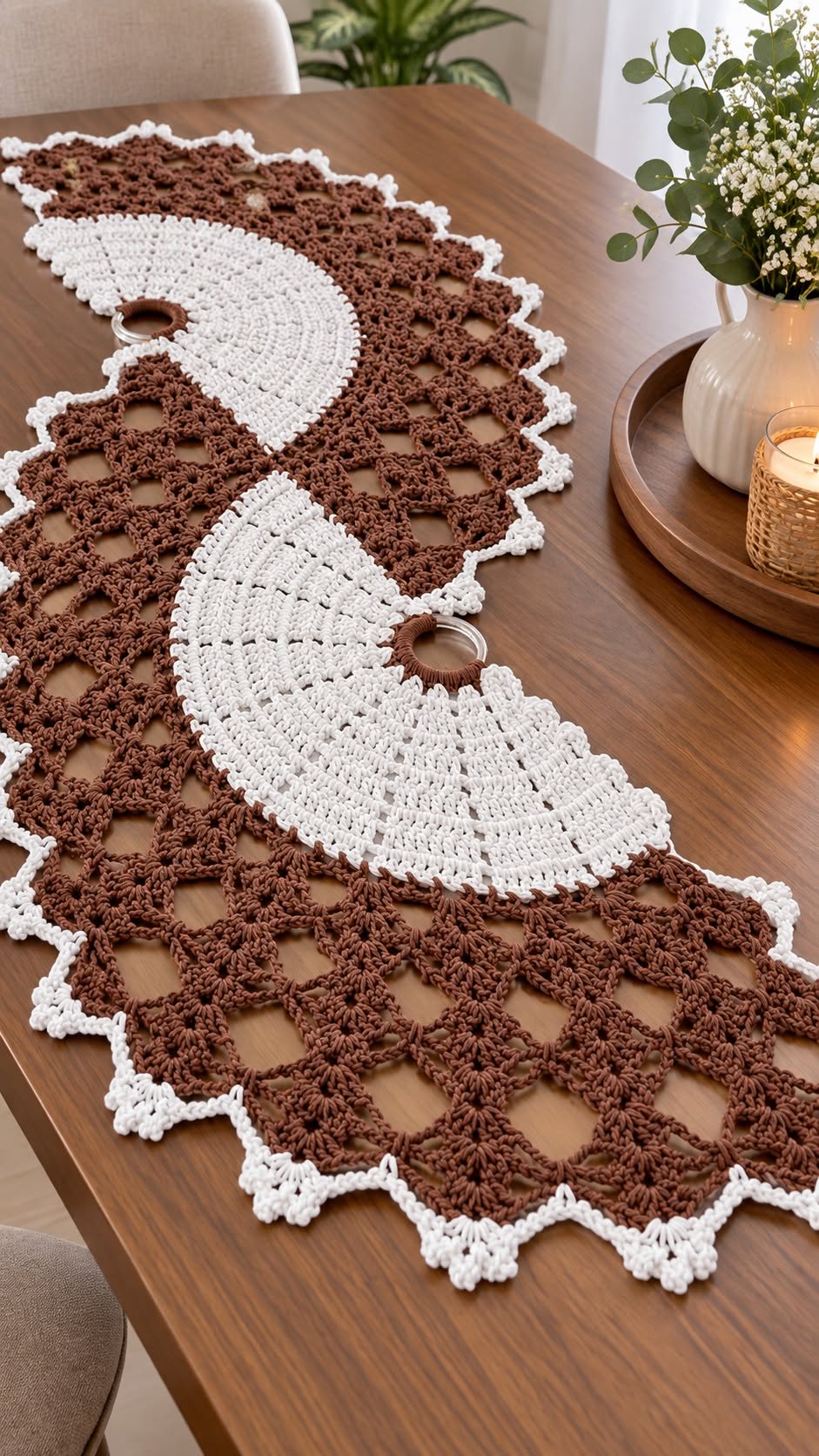 A long, decorative crochet table runner featuring spiral fan motifs in white and brown with a lacy geometric openwork pattern and scalloped edging.