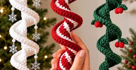 Three spiral crochet Christmas ornaments in white, red and white, and green with decorative touches, hanging as festive decorations.