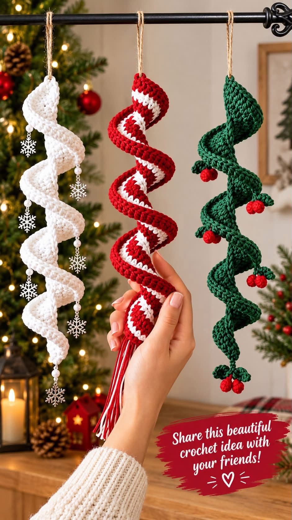 Three spiral crochet Christmas ornaments in white, red and white, and green with decorative touches, hanging as festive decorations.