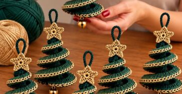 A set of crocheted spiral Christmas tree ornaments with golden chain edging and a star topper, each finished with a bell at the base.