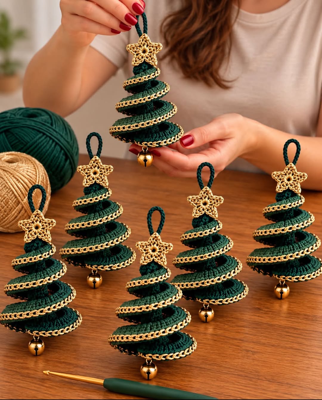 A set of crocheted spiral Christmas tree ornaments with golden chain edging and a star topper, each finished with a bell at the base.