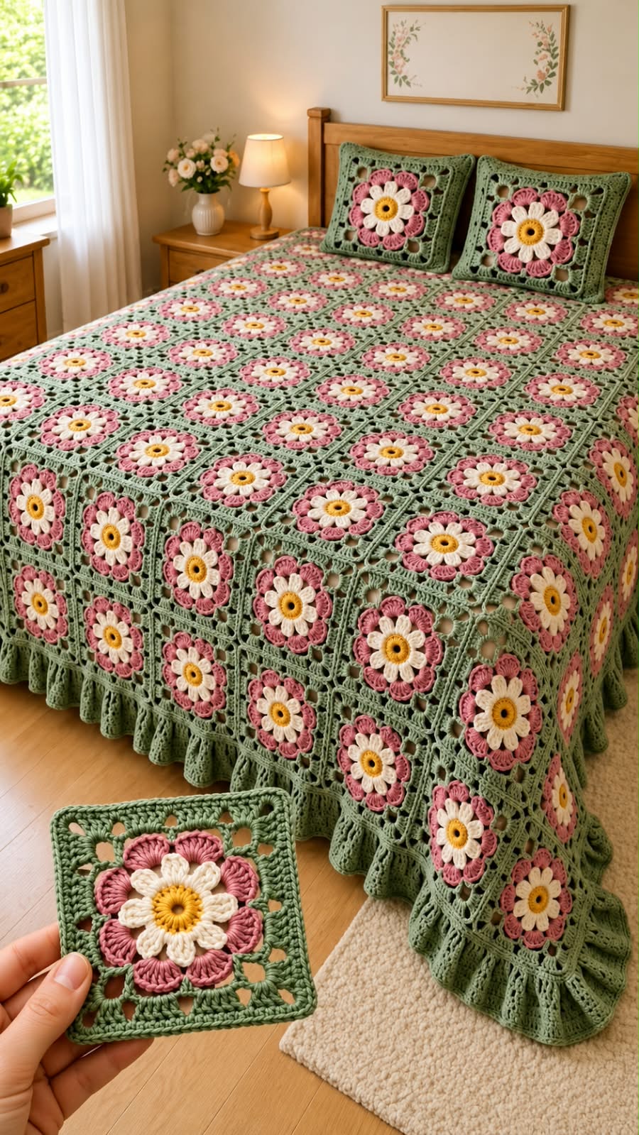 A crochet blanket and matching pillows made from green, pink, white, and yellow floral granny squares on a bed, with a hand holding one square.