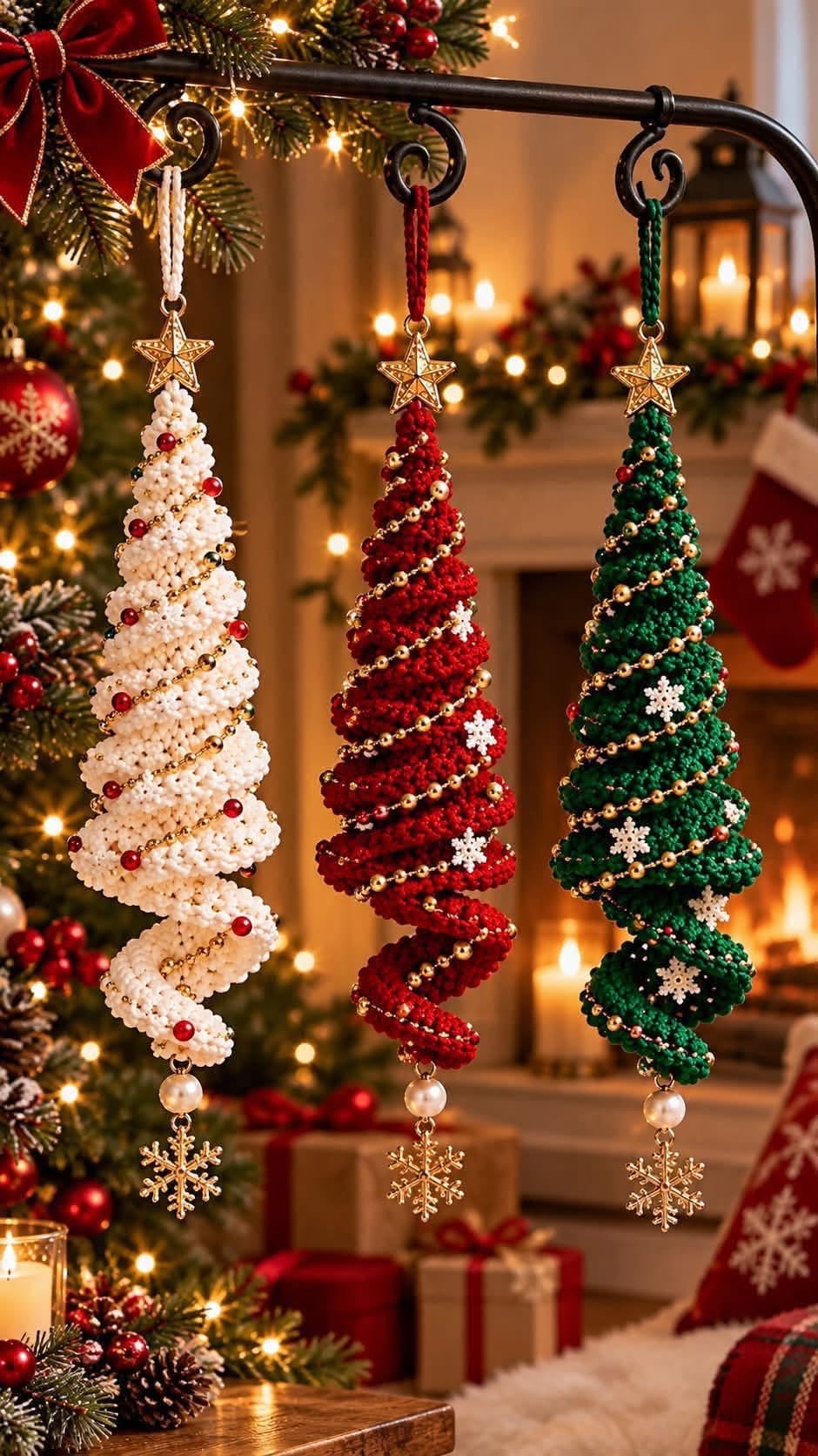 Three spiral crochet Christmas tree ornaments in white, red, and green with gold bead garlands, star toppers, and hanging snowflake charms.