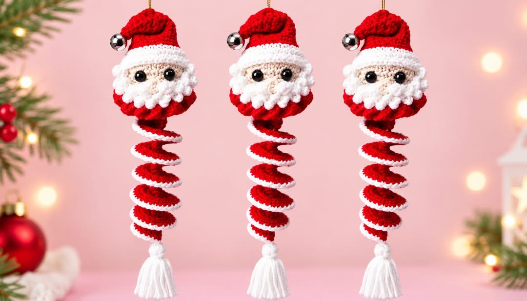 Three crochet Santa Claus ornaments with spiral red and white bodies, each with a Santa head and hat, hanging against a pink background.