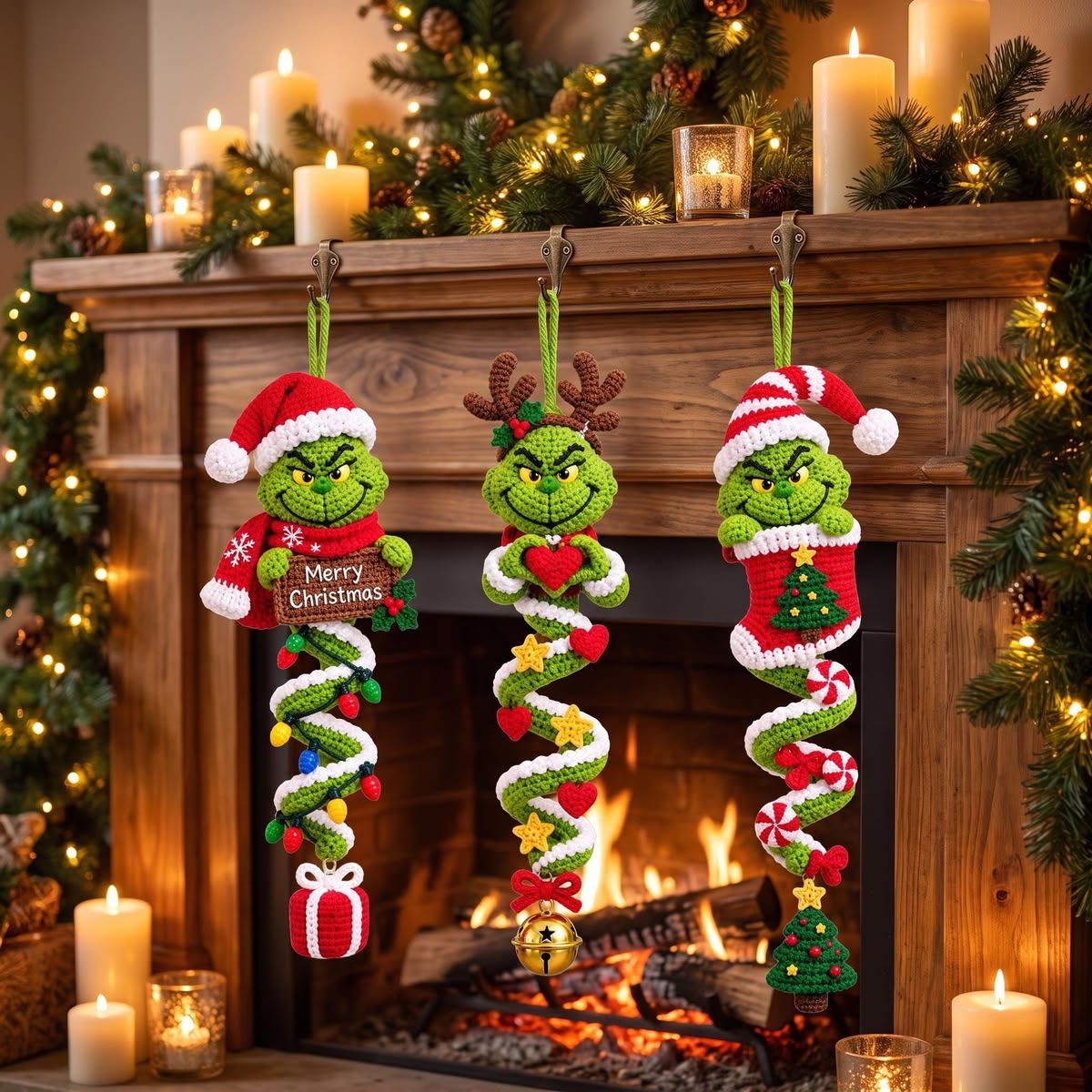 Three crocheted Grinch Christmas spiral decorations with festive themes hanging on a fireplace mantel, surrounded by Christmas lights and candles.