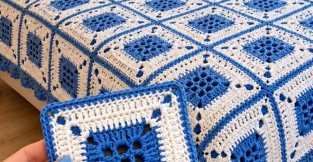 A handmade crochet blanket made from blue and white square motifs arranged on a bed, with a hand holding a single completed square in the foreground.