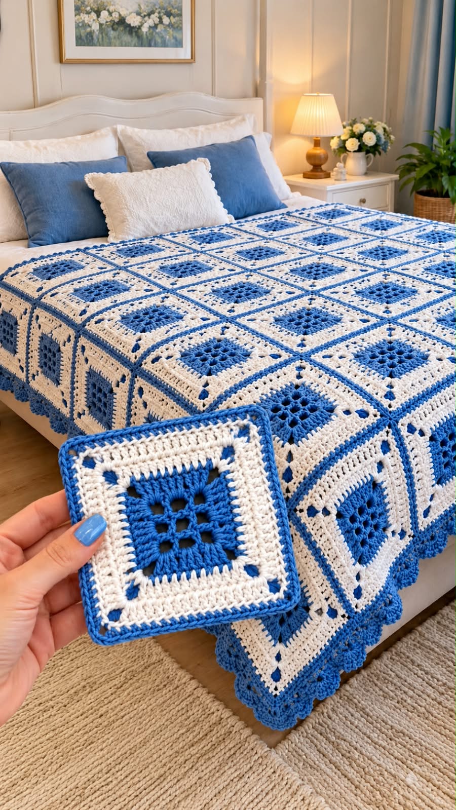A handmade crochet blanket made from blue and white square motifs arranged on a bed, with a hand holding a single completed square in the foreground.