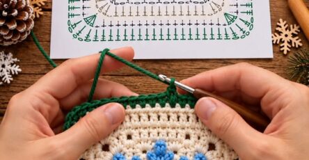 A crocheted square with a raised blue snowflake motif in the center, bordered by cream and green rounds.