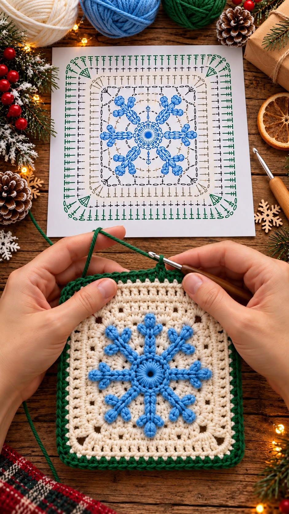 A crocheted square with a raised blue snowflake motif in the center, bordered by cream and green rounds.
