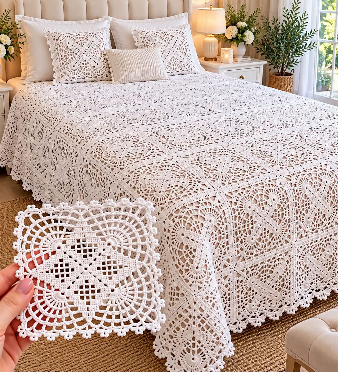 A hand holds a single white lacy crochet square motif in front of a bed covered by a matching intricate crochet bedspread and two crochet pillows.
