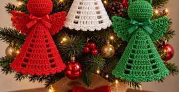 Three crochet angel ornaments in red, white, and green with lacy dresses and wings, displayed on a Christmas tree.