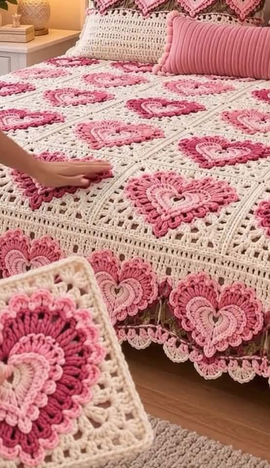 A crochet blanket and pillow set featuring granny squares with layered heart motifs in shades of pink and cream, arranged on a bed.