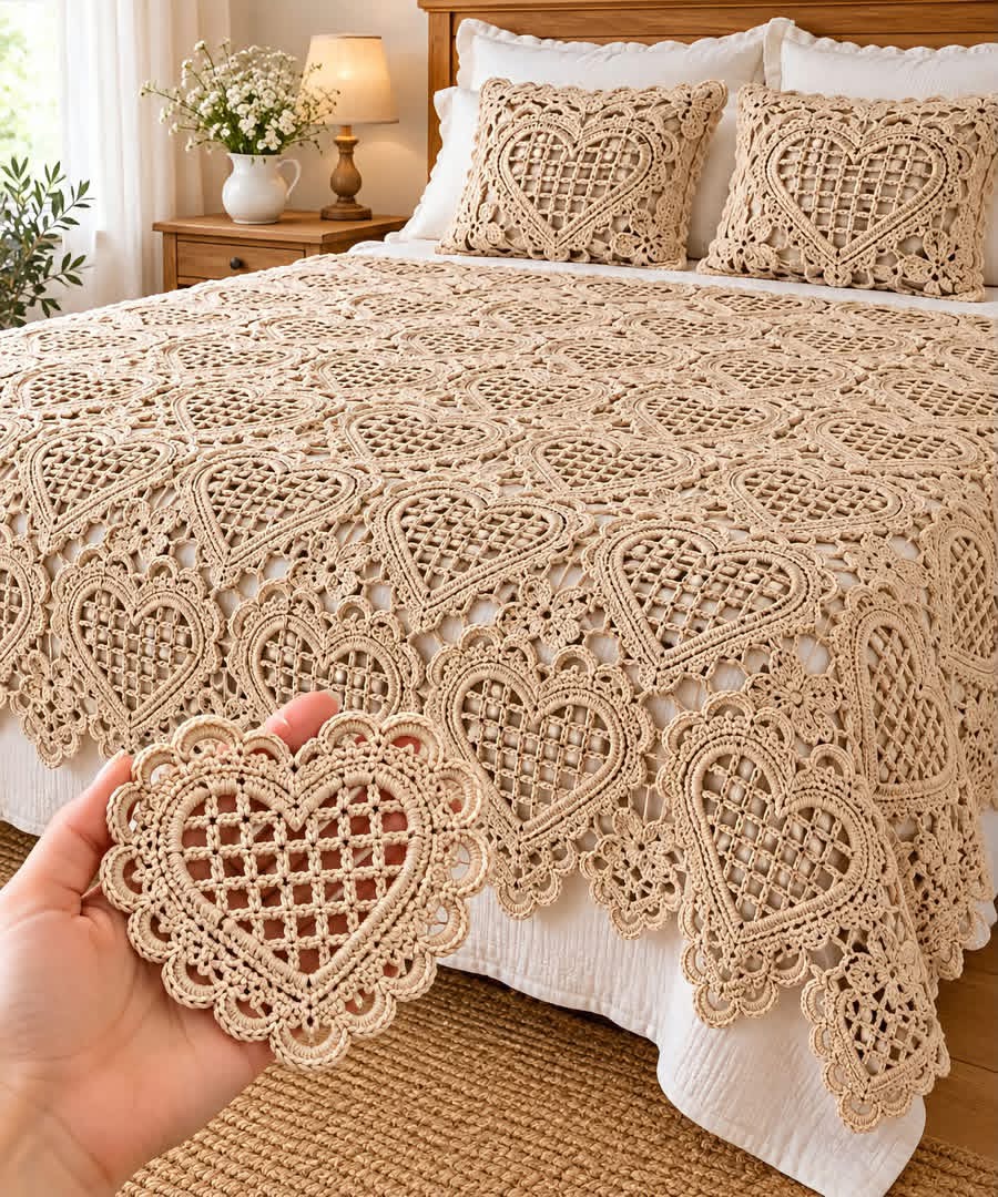 A beige crochet bedspread and pillows with intricate lacy heart motifs arranged in a grid pattern, shown on a neatly made bed.
