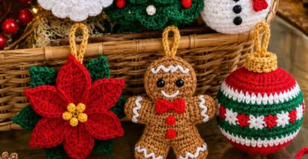 A collection of colorful crochet Christmas ornaments, including Santa, a Christmas tree, snowman, poinsettia, gingerbread man, bauble, reindeer, snowflake, and candy cane.