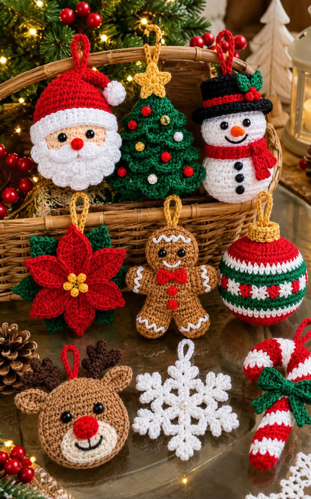 A collection of colorful crochet Christmas ornaments, including Santa, a Christmas tree, snowman, poinsettia, gingerbread man, bauble, reindeer, snowflake, and candy cane.