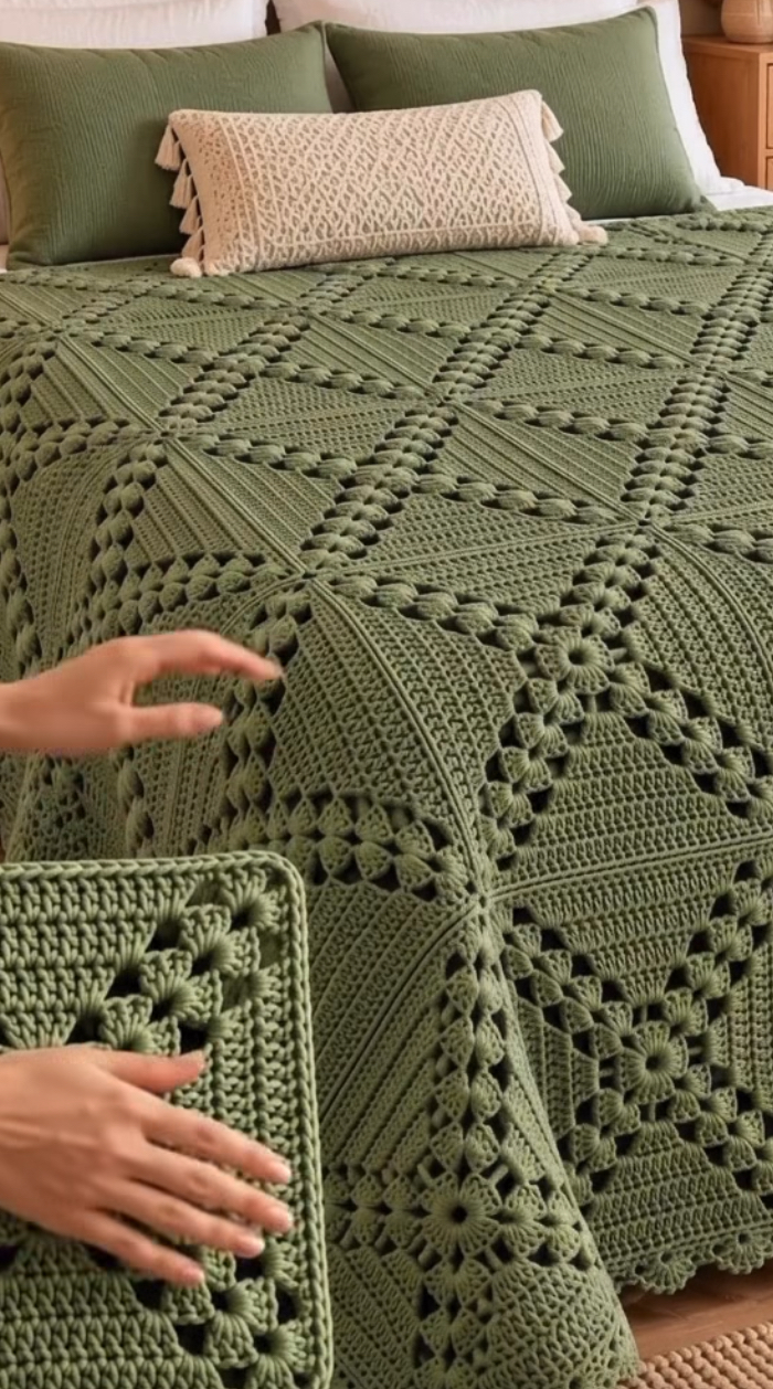 A hand holding a textured green crochet square, part of an olive-colored crocheted bedspread made of joined squares on a bed.