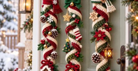 Festive crochet Christmas spirals with snowman, bear, and reindeer heads, decorated with holiday motifs and ornaments, hanging on a door.