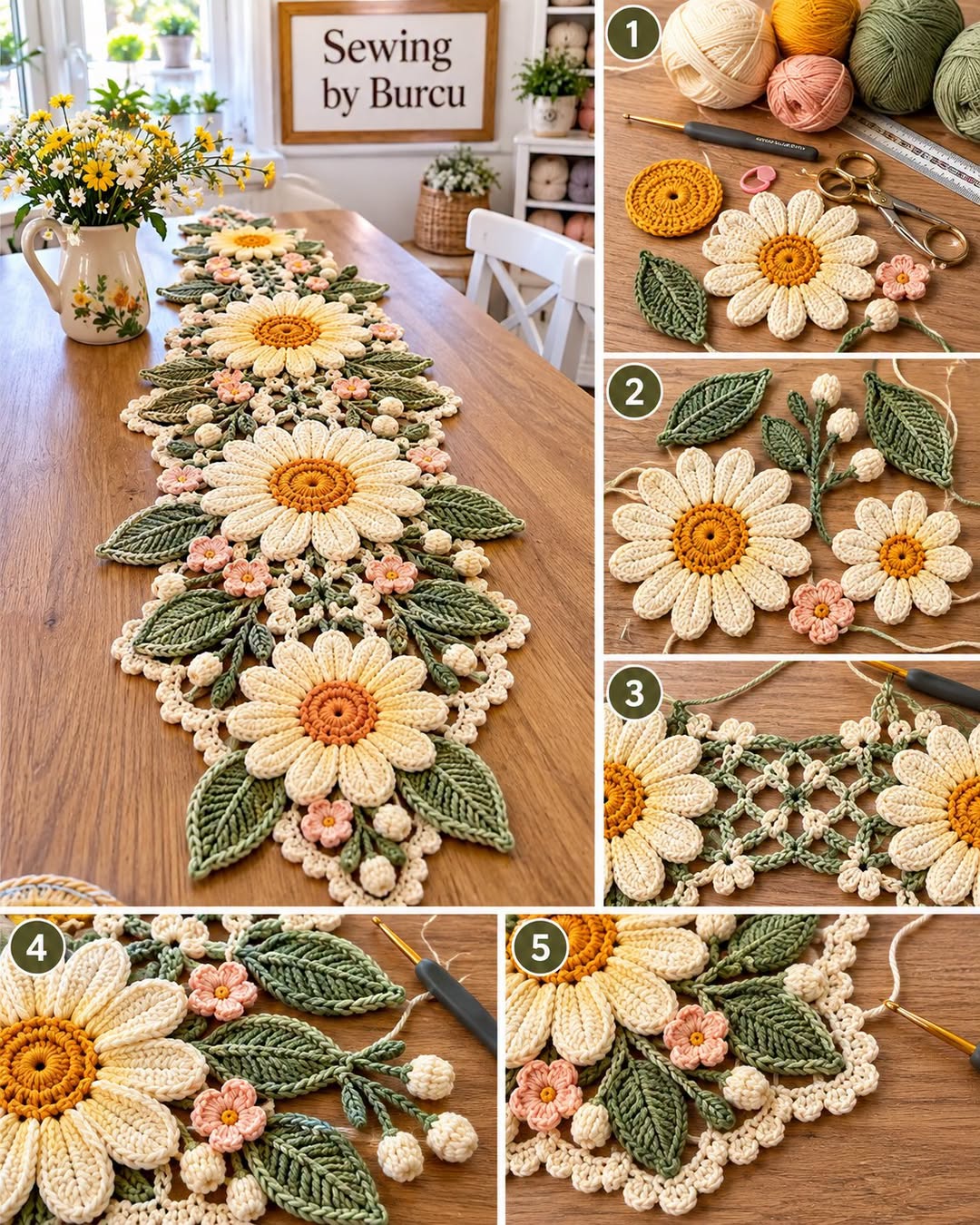 A crocheted table runner with large daisy flowers, green leaves, small blossoms and an intricate lacy border.