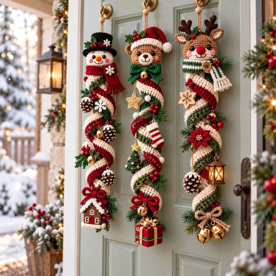 Festive crochet Christmas spirals with snowman, bear, and reindeer heads, decorated with holiday motifs and ornaments, hanging on a door.