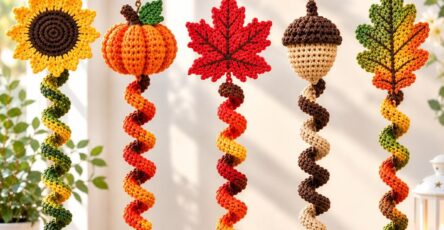Five crocheted autumn-themed hanging ornaments: a sunflower, pumpkin, red maple leaf, acorn, and green/brown leaf, each with a curly spiral tail.