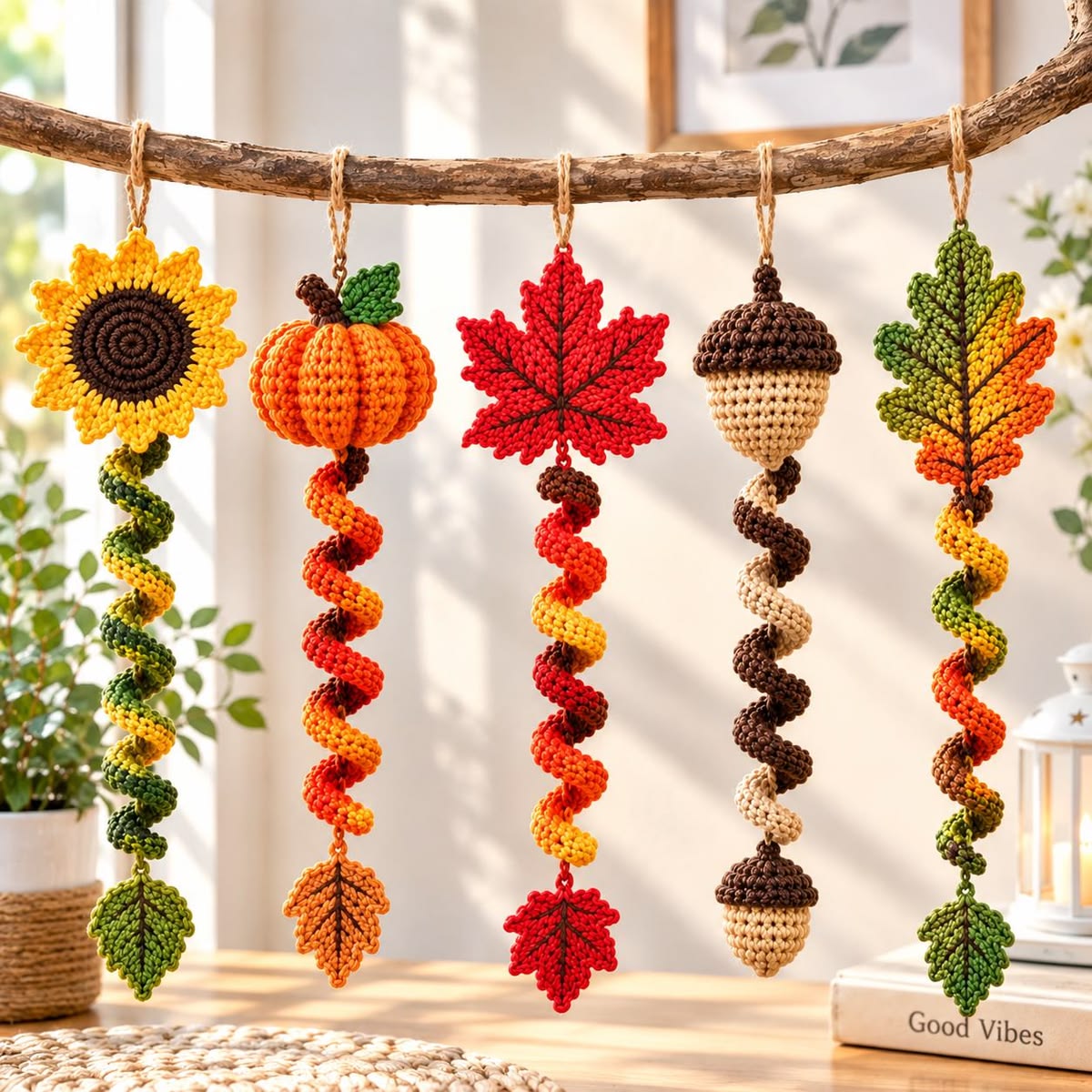 Five crocheted autumn-themed hanging ornaments: a sunflower, pumpkin, red maple leaf, acorn, and green/brown leaf, each with a curly spiral tail.