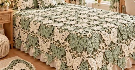 A bedspread, pillows, curtains, and rug crocheted in sage green and cream butterfly motifs in a well-lit bedroom.