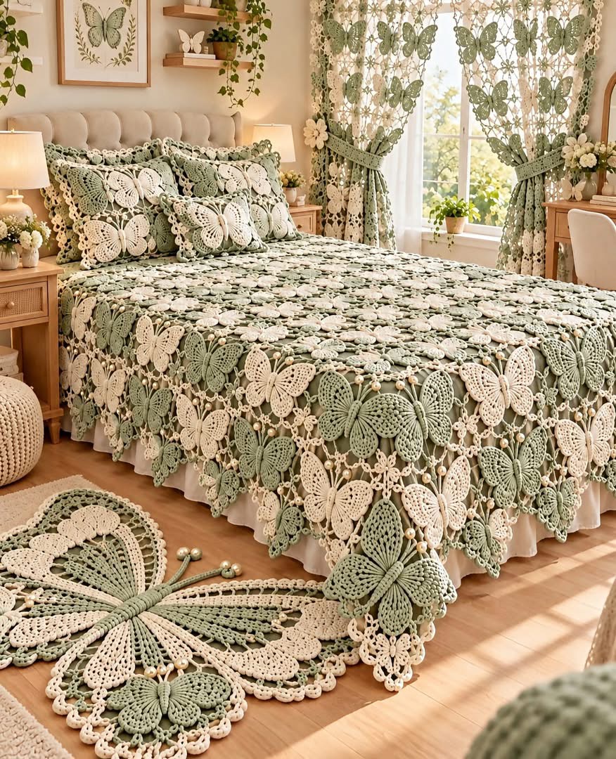 A bedspread, pillows, curtains, and rug crocheted in sage green and cream butterfly motifs in a well-lit bedroom.