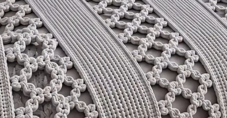 A modern crochet bedspread with alternating solid textured stripes and open lattice panels in soft gray yarn, draped smoothly over a bed.
